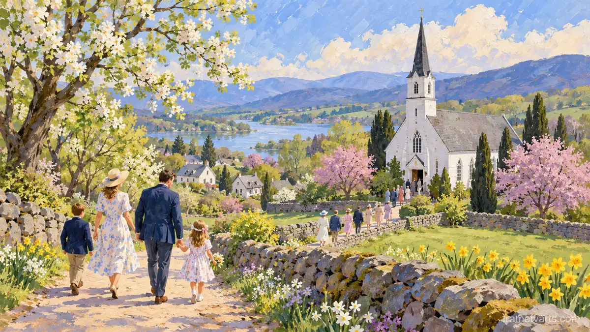 Easter Sunday family walking to a country church – storybook gouache Samsung Frame TV art, 4K