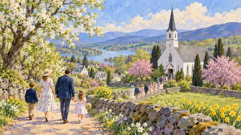 Easter Sunday family walking to a country church – storybook gouache Frame TV art