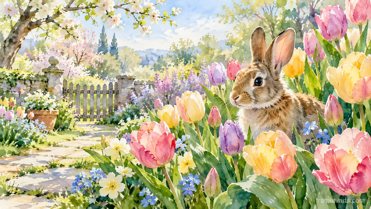 Easter bunny among tulips in a garden bed – elegant watercolor Samsung Frame TV art, 4K