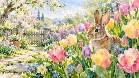 Easter bunny among tulips in a garden bed – elegant watercolor Frame TV art
