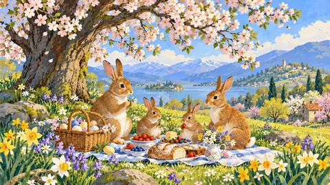 Easter rabbits picnicking under a blossom tree – storybook gouache Frame TV art