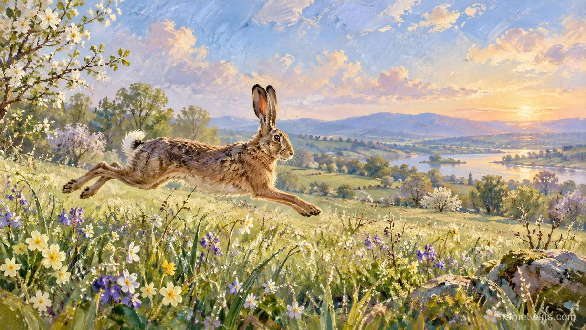 Easter hare leaping across a dewy field – impressionist oil painting Samsung Frame TV art, 4K
