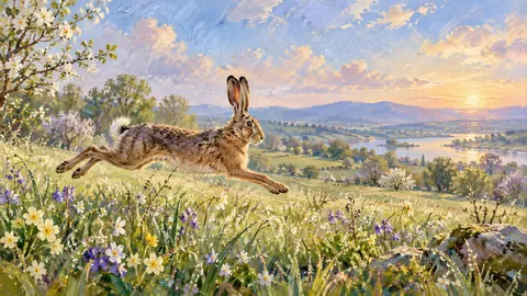 Easter hare leaping across a dewy field – impressionist oil painting Frame TV art