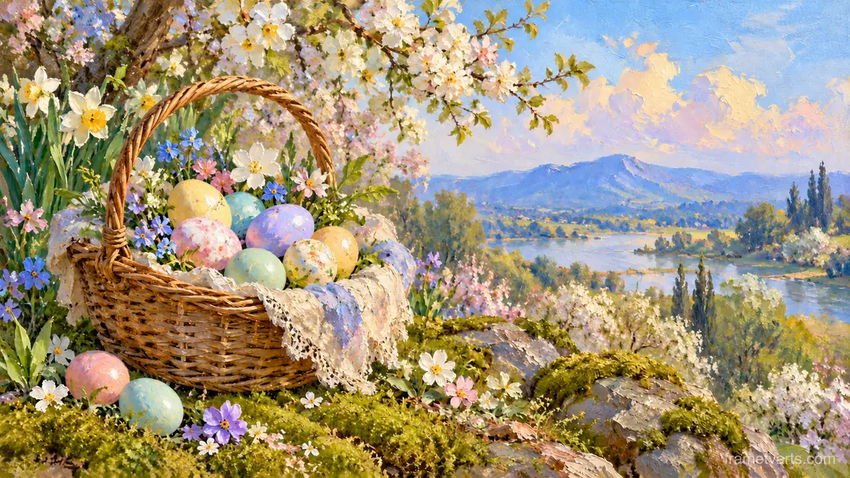 Easter basket of pastel eggs on moss – tonal oil painting Samsung Frame TV art, 4K