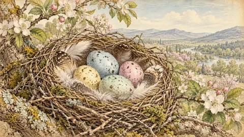 Easter eggs in a nest of twigs and feathers – vintage plate engraving Frame TV art