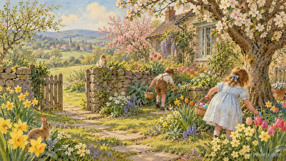 Easter egg hunt in a cottage garden – vintage easter card illustration Samsung Frame TV art, 4K