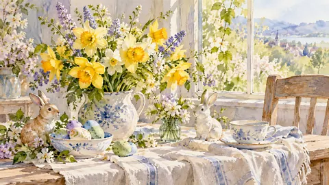 Easter table with daffodils and a linen cloth – elegant watercolor Frame TV art