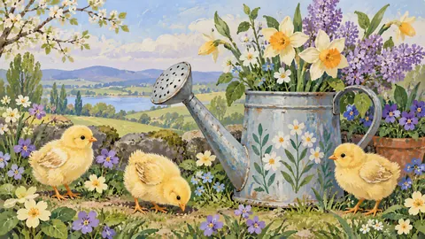 Easter chicks beside a tin watering can – decorative folk gouache Frame TV art