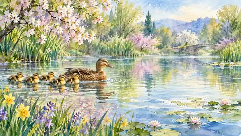 Easter ducklings following their mother across a pond – loose watercolor Frame TV art