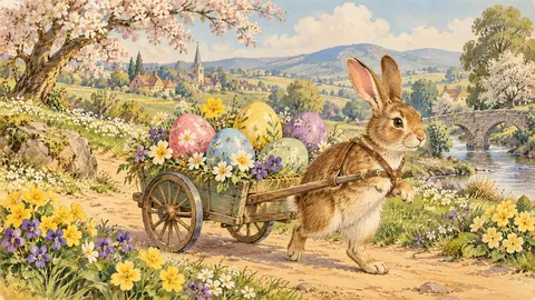 Easter vintage card of a bunny pulling an egg cart – vintage easter card illustration Frame TV art