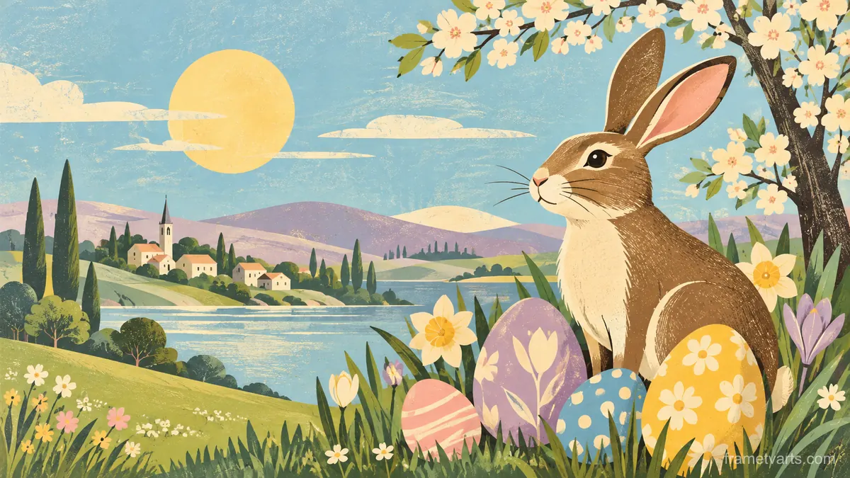 Easter retro bunny and eggs in pastel shapes – retro mid-century illustration Samsung Frame TV art, 4K