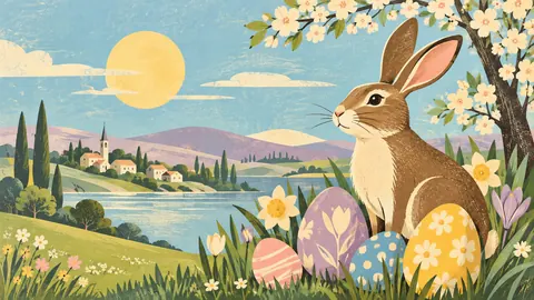 Easter retro bunny and eggs in pastel shapes – retro mid-century illustration Frame TV art