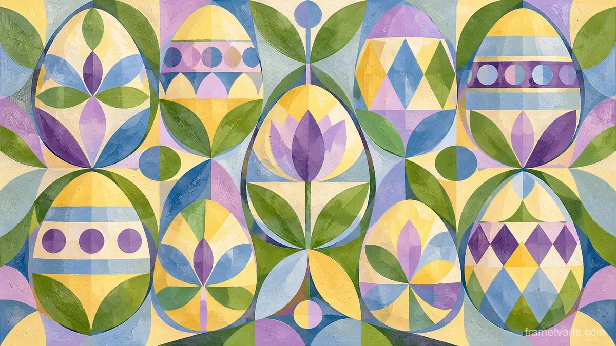 Easter eggs as a flat geometric pattern – jewel-tone geometric modernism Samsung Frame TV art, 4K