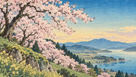 Easter cherry trees in full bloom on a hillside – japanese-inspired woodblock print Frame TV art