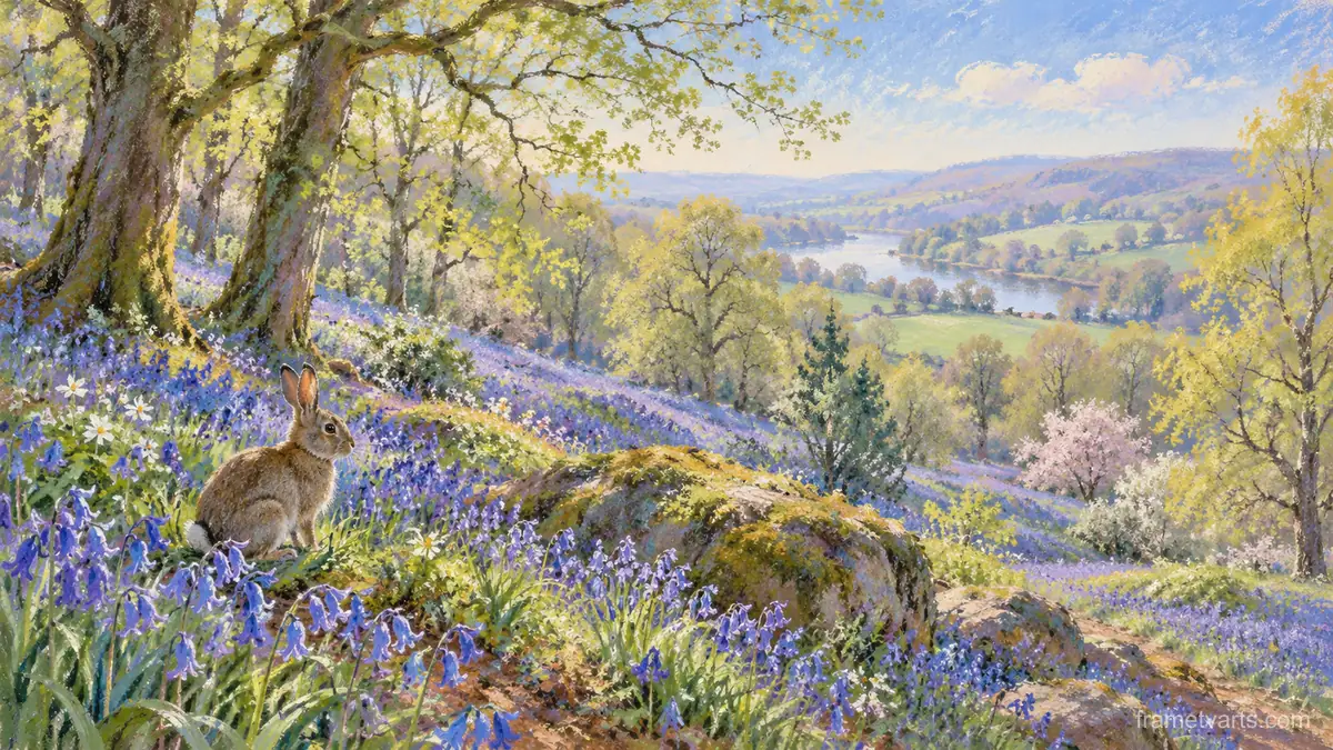 Easter bluebell wood with a rabbit – soft pastel drawing Samsung Frame TV art, 4K