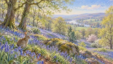 Easter bluebell wood with a rabbit – soft pastel drawing Frame TV art