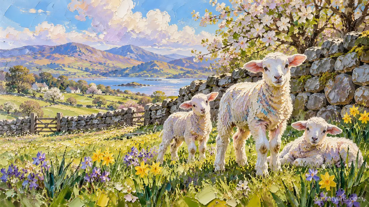Easter lambs in a stone-walled field – expressive palette-knife painting Samsung Frame TV art, 4K