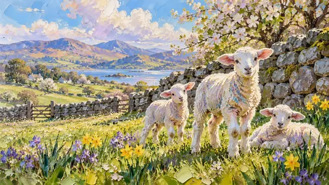 Easter lambs in a stone-walled field – expressive palette-knife painting Frame TV art