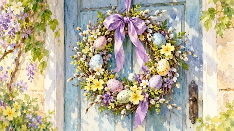 Easter wreath of eggs, ribbon and pussy willow on a door – loose watercolor Frame TV art
