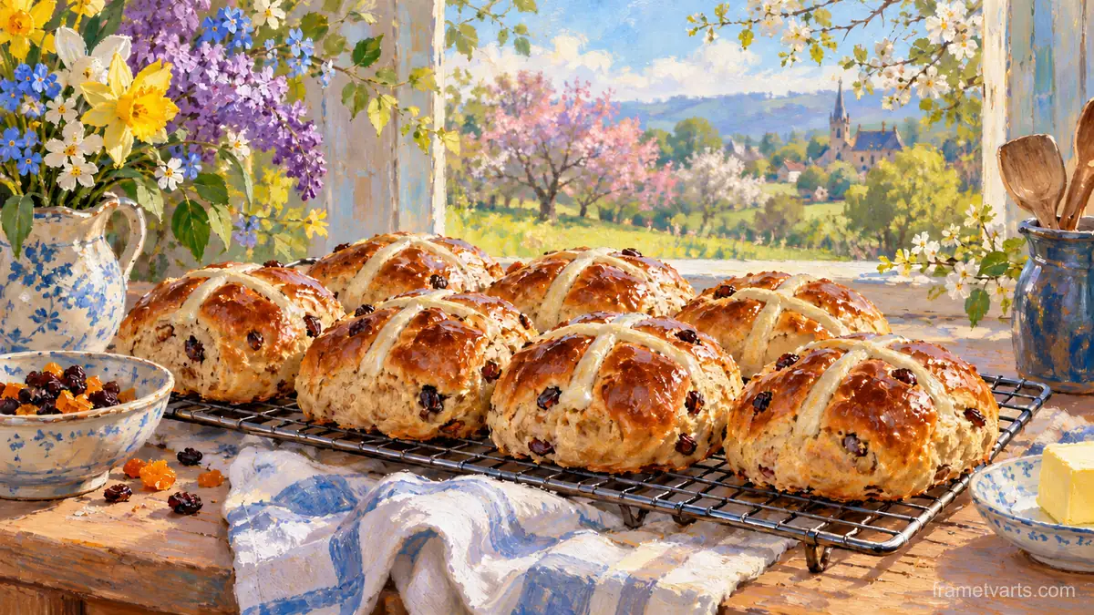 Easter hot cross buns on a cooling rack – tonal oil painting Samsung Frame TV art, 4K