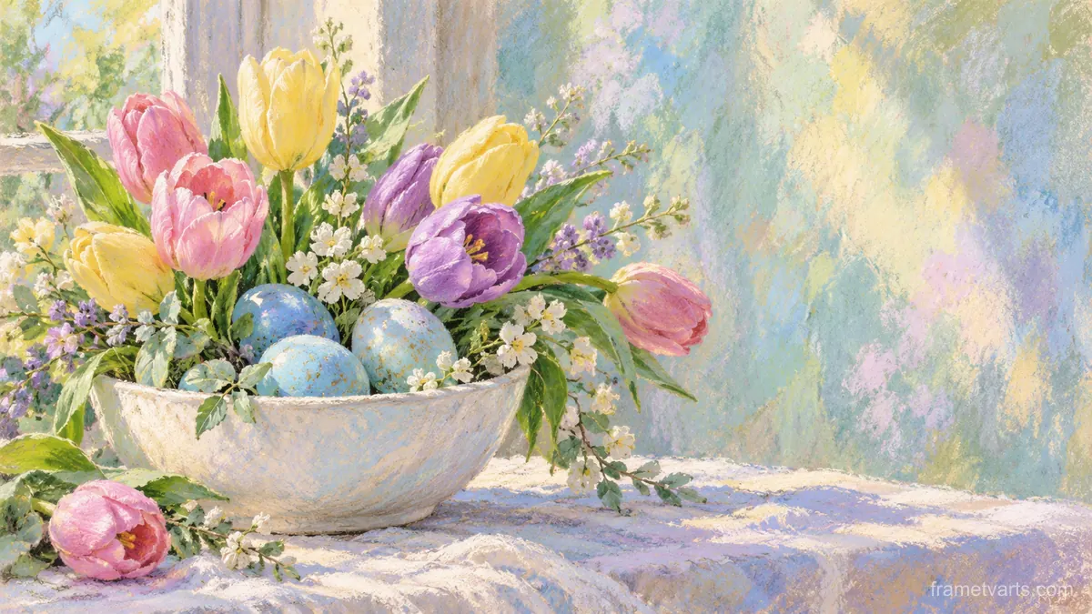 Easter tulips and blue eggs in a white bowl – chalk pastel study Samsung Frame TV art, 4K