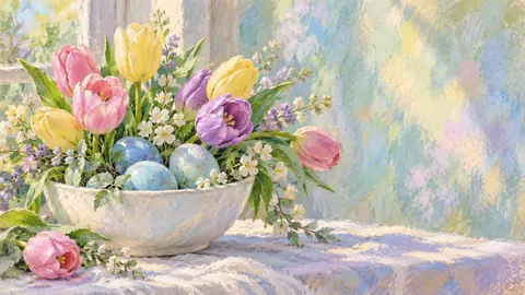 Easter tulips and blue eggs in a white bowl – chalk pastel study Frame TV art