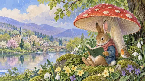 Easter bunny reading under a mushroom in the rain – storybook gouache Frame TV art