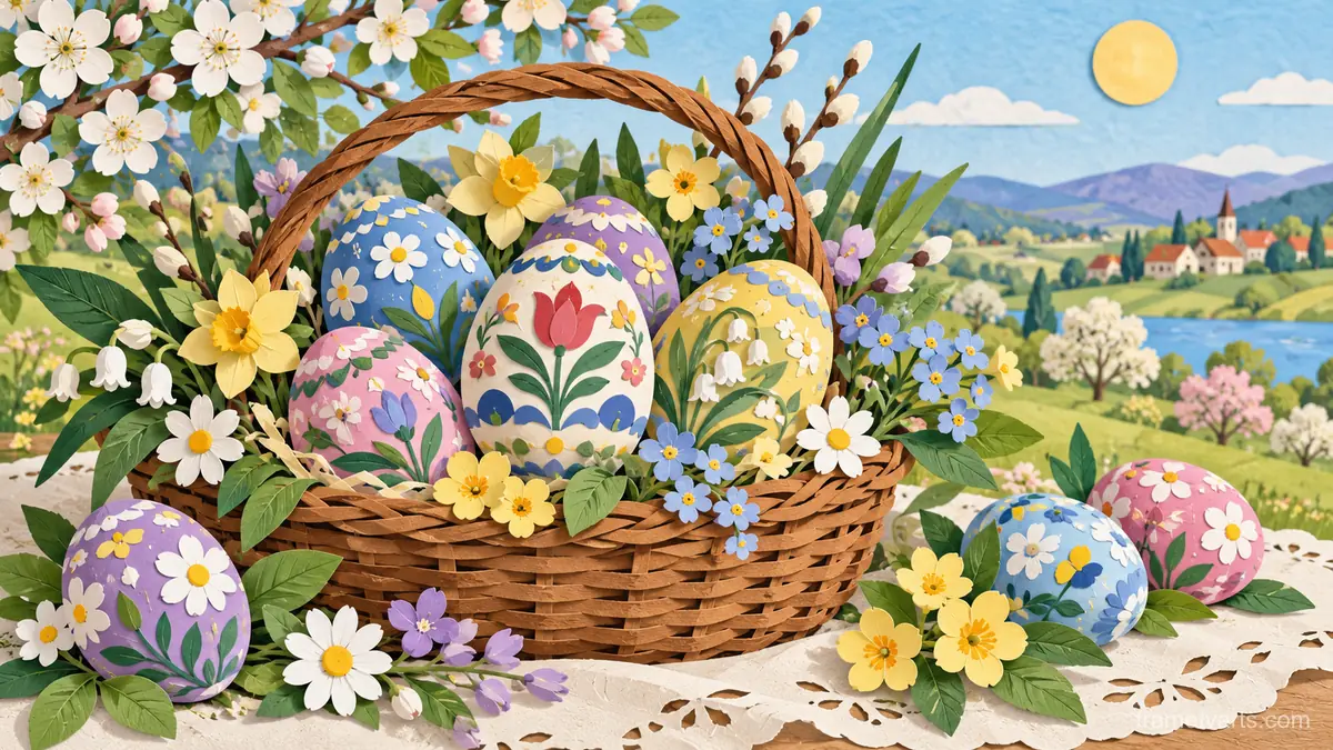 Easter painted eggs in a folk floral pattern – cut-paper folk illustration Samsung Frame TV art, 4K