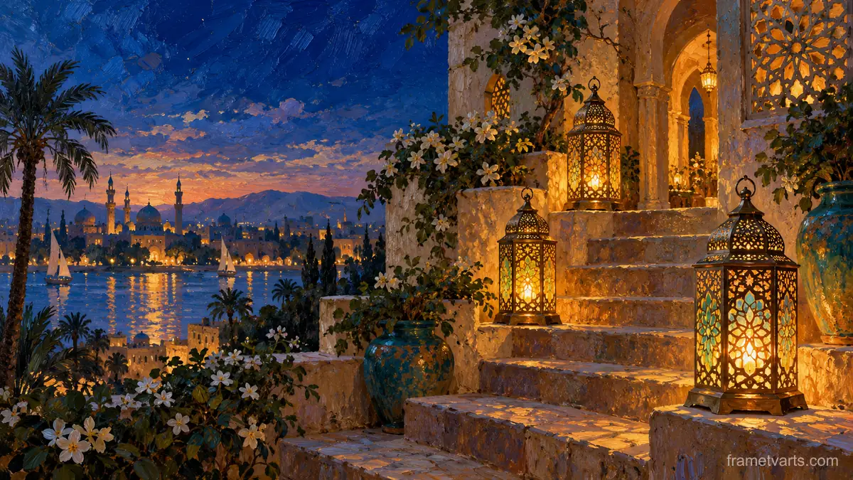 Ramadan brass lanterns glowing on a courtyard staircase – atmospheric oil painting Samsung Frame TV art, 4K