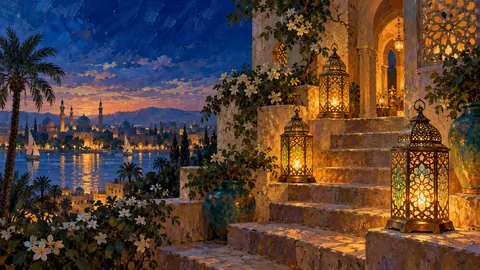 Ramadan brass lanterns glowing on a courtyard staircase – atmospheric oil painting Frame TV art