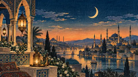 Ramadan crescent moon over a domed skyline at dusk – japanese-inspired woodblock print Frame TV art