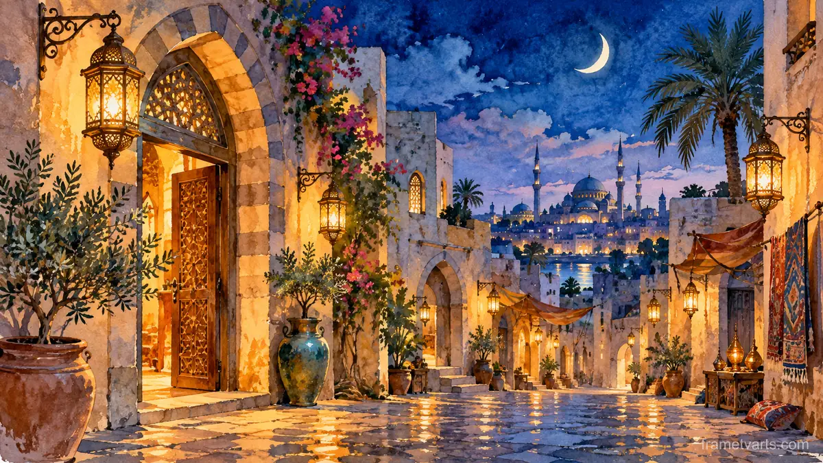 Ramadan lantern-lit alley with arched doorways – loose watercolor Samsung Frame TV art, 4K