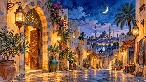 Ramadan lantern-lit alley with arched doorways – loose watercolor Frame TV art