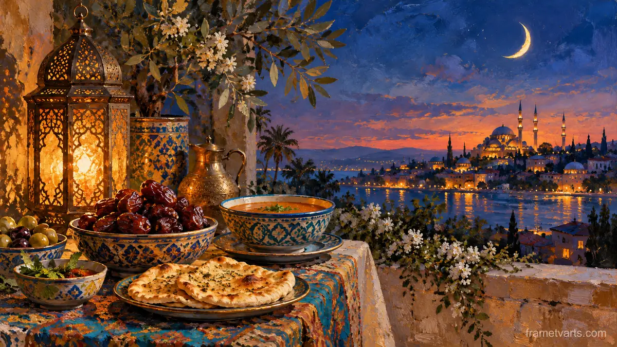 Ramadan iftar table with dates, soup and flatbread – tonal oil painting Samsung Frame TV art, 4K