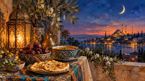 Ramadan iftar table with dates, soup and flatbread – tonal oil painting Frame TV art