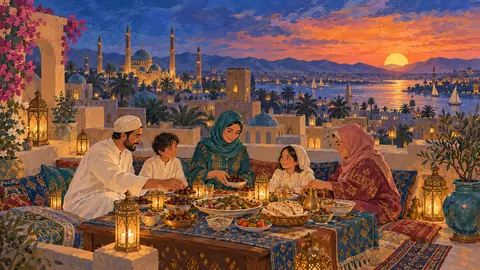Ramadan family sharing iftar on a rooftop at sunset – storybook gouache Frame TV art