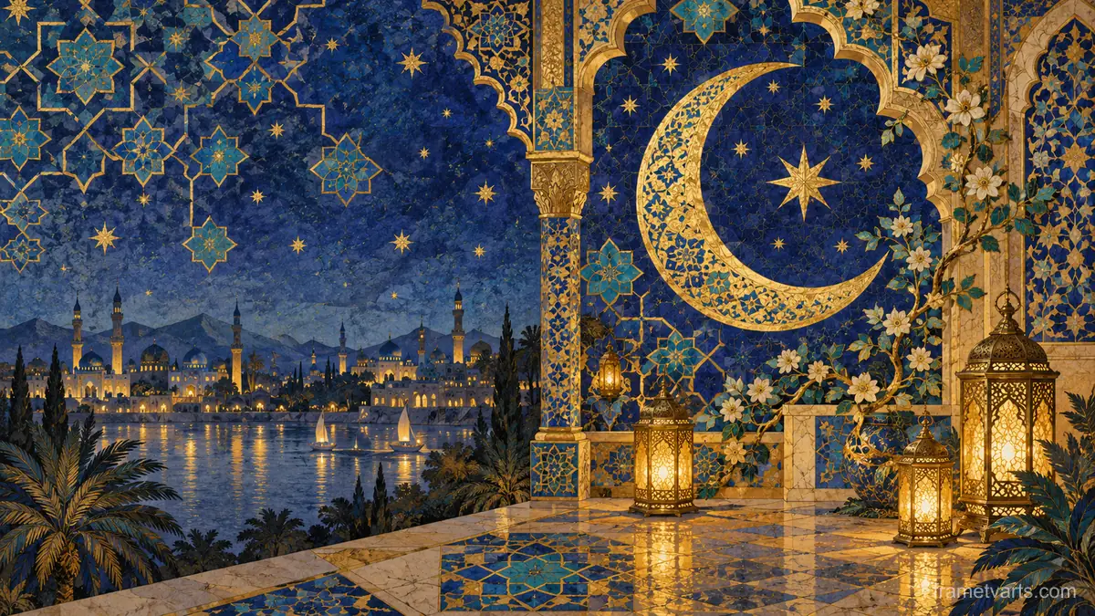 Ramadan crescent and star pattern in lapis and gold – geometric illumination in lapis and gold Samsung Frame TV art, 4K