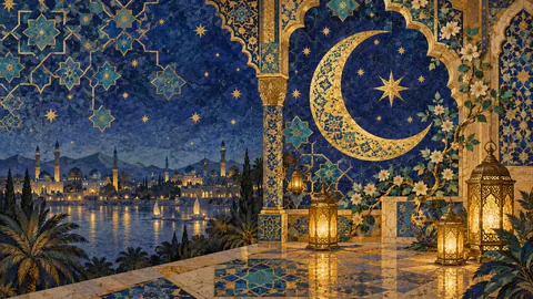 Ramadan crescent and star pattern in lapis and gold – geometric illumination in lapis and gold Frame TV art