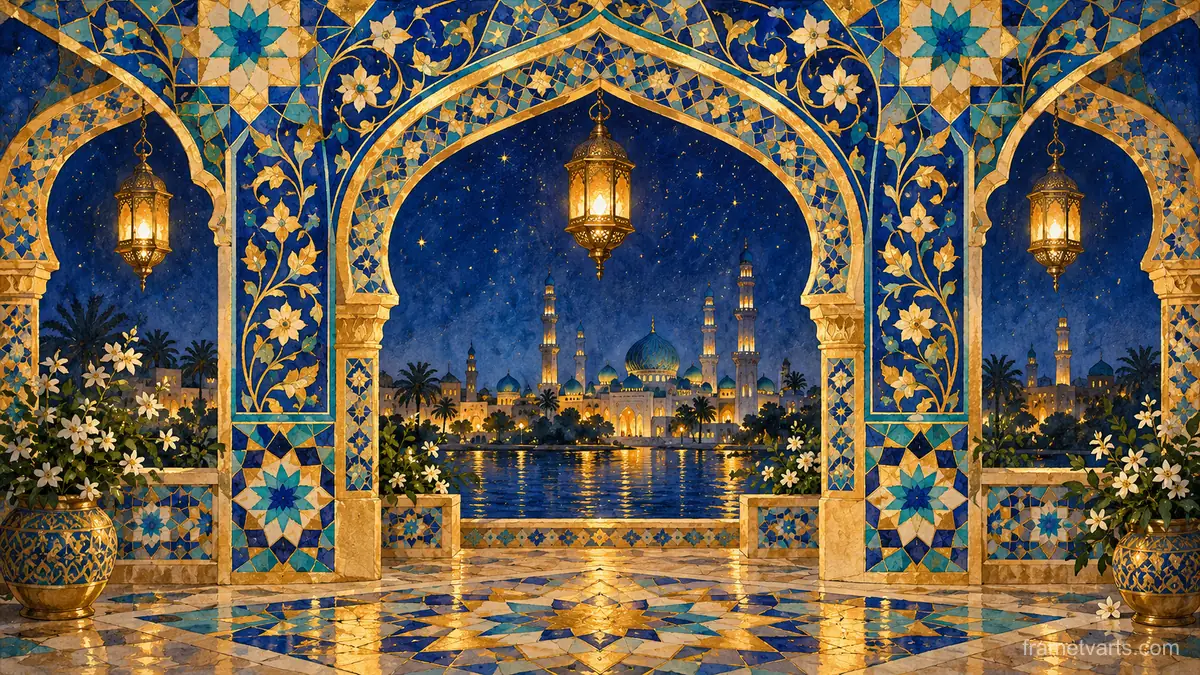Ramadan geometric star tile pattern – geometric illumination in lapis and gold Samsung Frame TV art, 4K