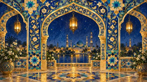 Ramadan geometric star tile pattern – geometric illumination in lapis and gold Frame TV art
