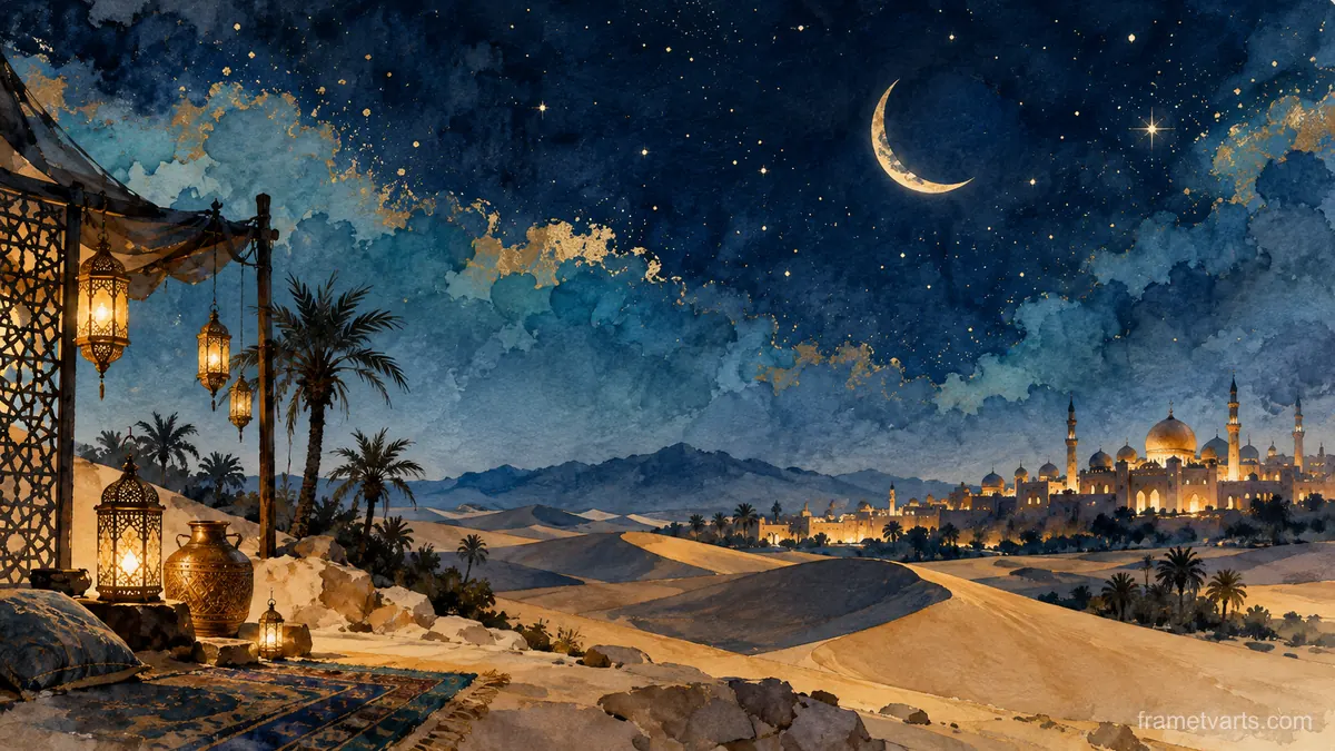 Ramadan night sky with a crescent above sand dunes – minimal ink and wash Samsung Frame TV art, 4K