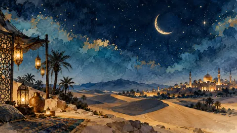Ramadan night sky with a crescent above sand dunes – minimal ink and wash Frame TV art