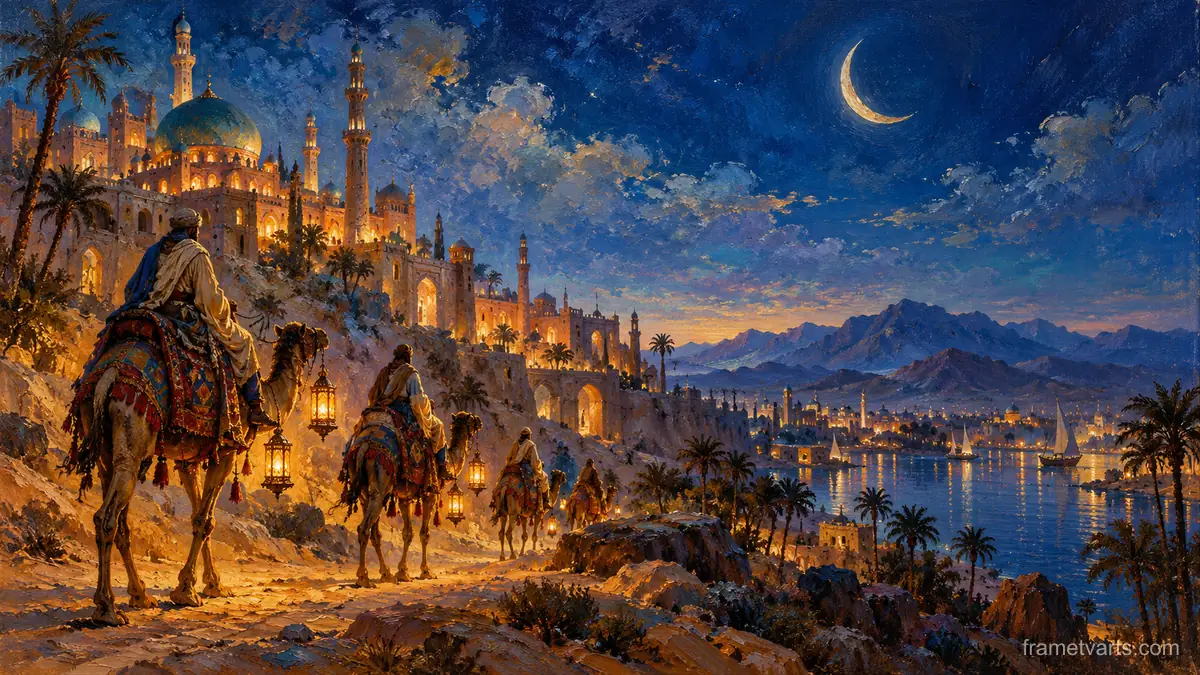 Ramadan camel caravan under a crescent moon – atmospheric oil painting Samsung Frame TV art, 4K