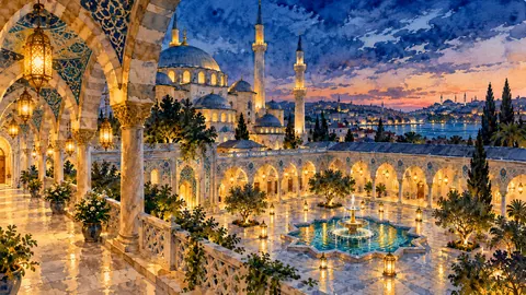Ramadan mosque courtyard with a fountain and arcades – elegant watercolor Frame TV art