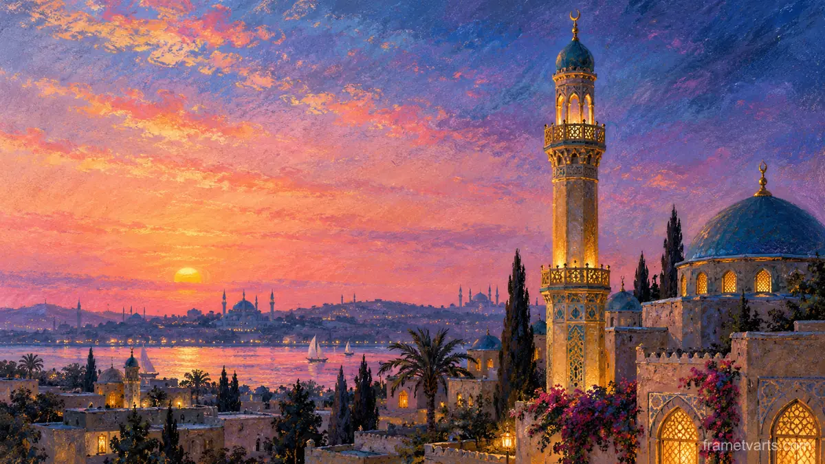 Ramadan minaret against a pink dawn sky – soft pastel drawing Samsung Frame TV art, 4K