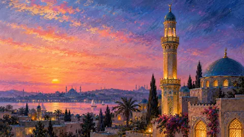 Ramadan minaret against a pink dawn sky – soft pastel drawing Frame TV art