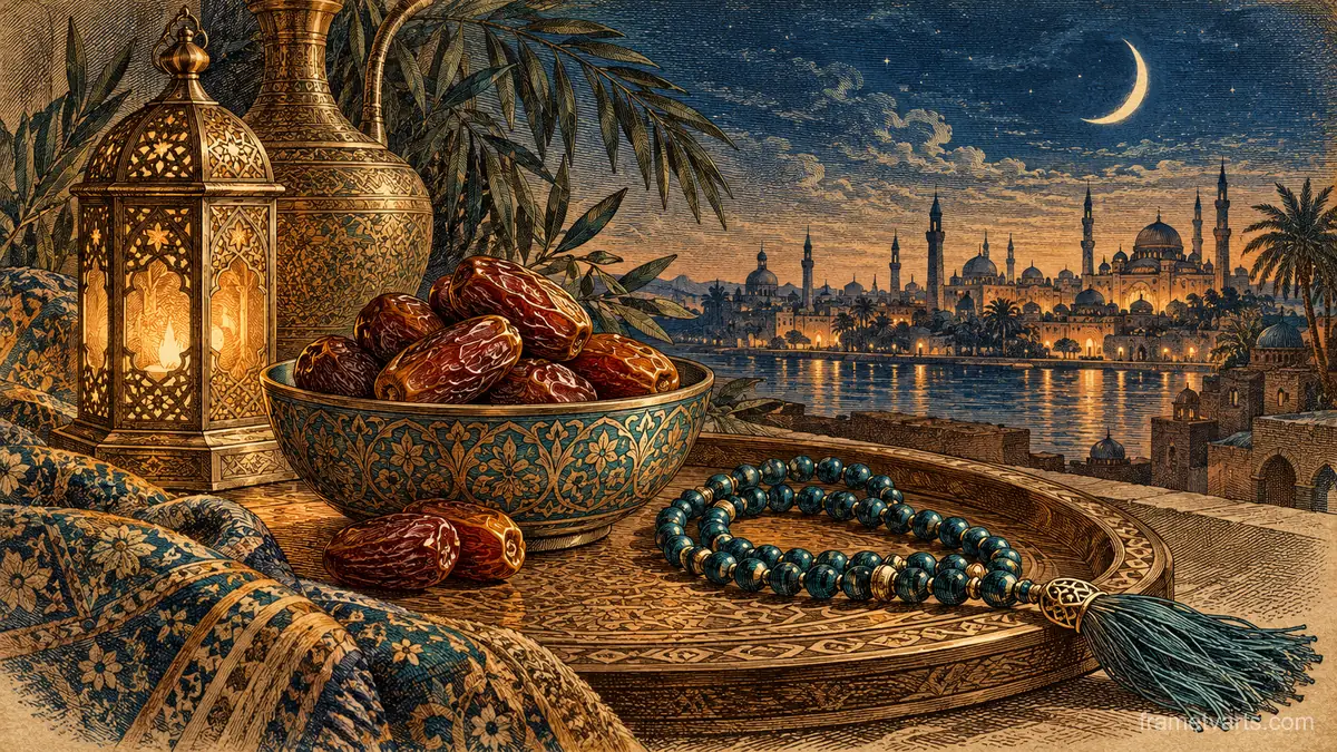Ramadan prayer beads and dates on a carved tray – vintage plate engraving Samsung Frame TV art, 4K