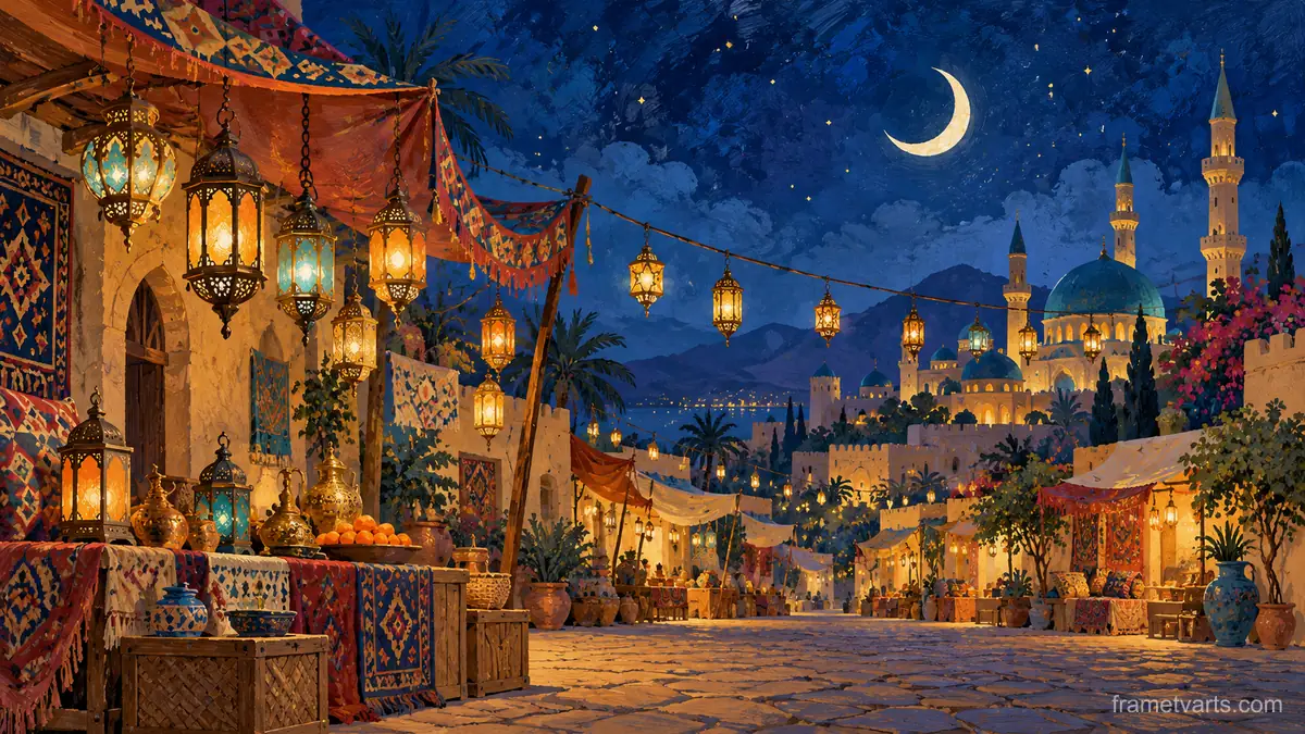 Ramadan lanterns hanging over a quiet market – decorative folk gouache Samsung Frame TV art, 4K