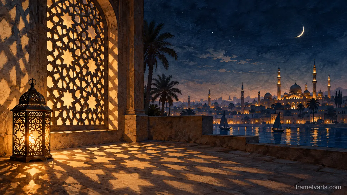 Ramadan mashrabiya screen casting star-shaped shadows – monochrome minimalist abstraction Samsung Frame TV art, 4K