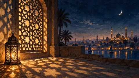 Ramadan mashrabiya screen casting star-shaped shadows – monochrome minimalist abstraction Frame TV art